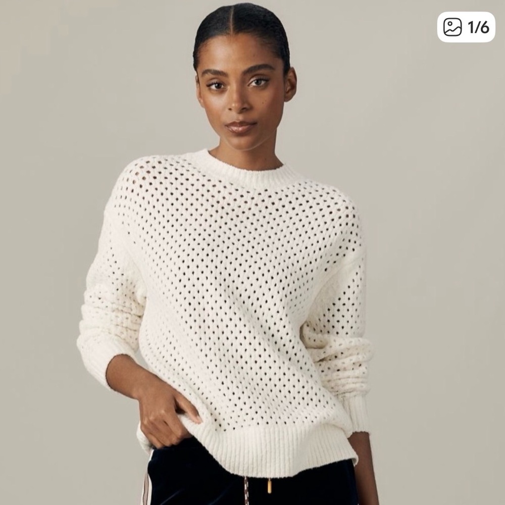 NWOT Varley Grady Boucle Knit Sweater, White Mesh Pointelle Crew Neck Cotton